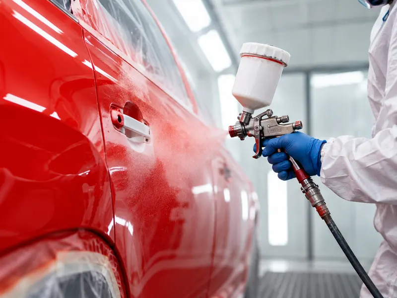 Aplicación de pintura sobre la carrocería de un auto rojo